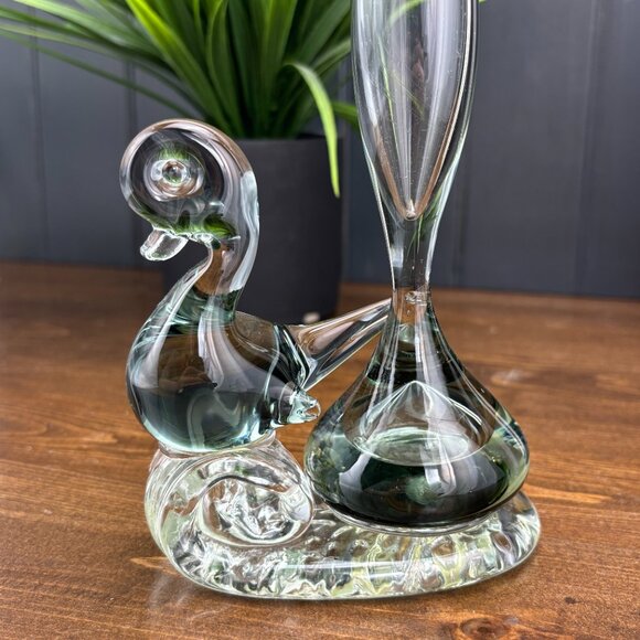 Vintage Glass Duck Bud Vase Clear Handblown Etched Glass Bird Figurine Vase - Picture 3 of 16
